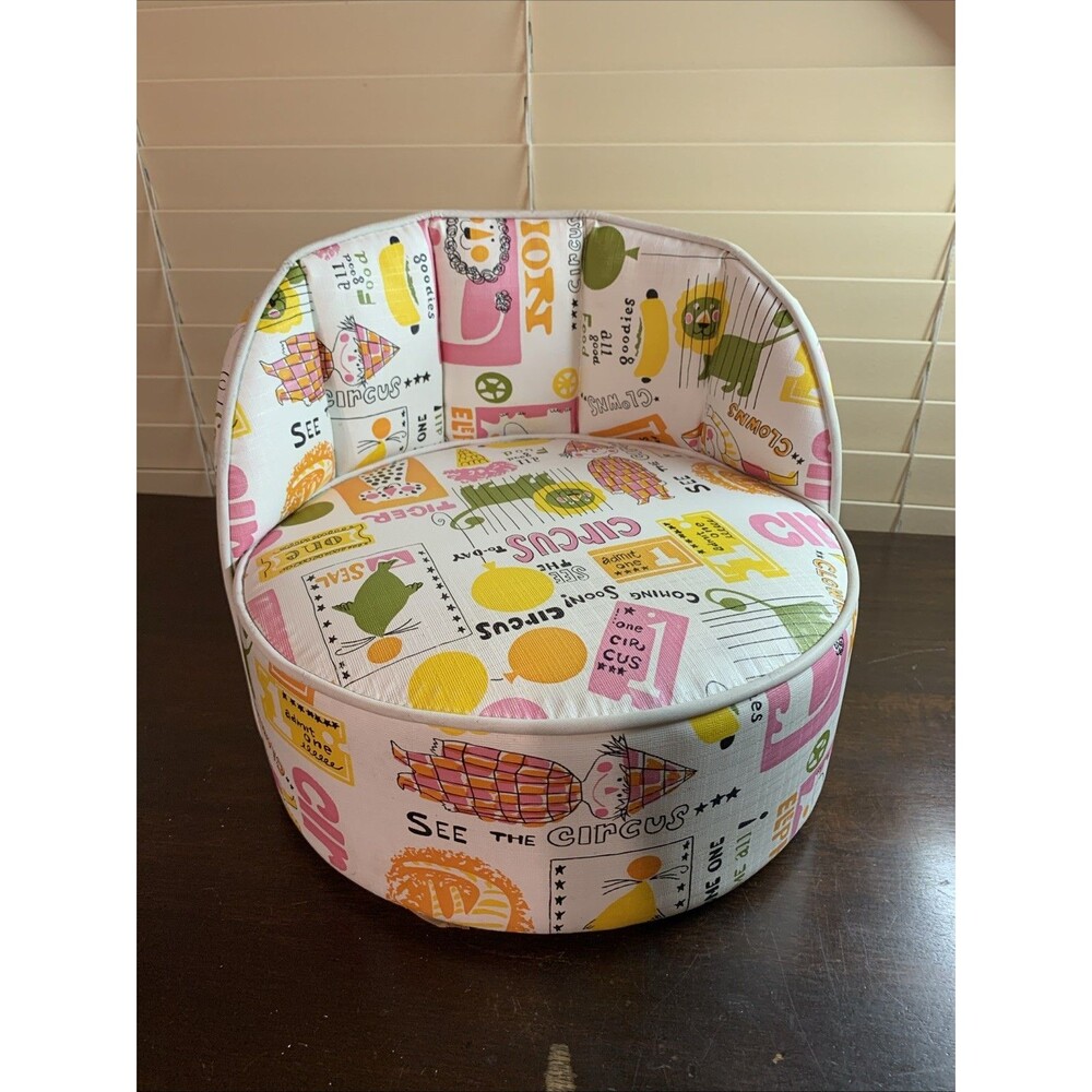 Vintage 1960s Circus Theme Vinyl Child's Booster Seat Animals & Ice Cream Cones!